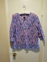 Talbots Blouse Peasant Womens Sz XL Blue Pink White Geometric 3/4 Sleeve... - £24.85 GBP