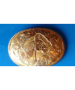Western Belt Buckle Cowgirl Cowboy Horse Head Gold Tone Oval Engraved  - £31.46 GBP