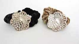 Flower shaped tan or black hair tie pony tail holder scrunchie with crystals - £4.74 GBP