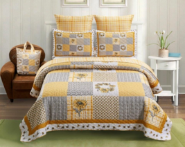 Farmhouse Sunflower Country Patchwork Floral Printed Queen Quilt Set W/ Tote Bag - £63.49 GBP