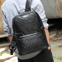Fashion PU Leather Woven Backpack for Men  Business Laptop Bag Mens Backpack Zip - £108.31 GBP