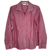 Chico&#39;s Womens Size 1 Blouse V-Neck Hidden Button Front Long Sleeve Maroon Strip - £11.03 GBP