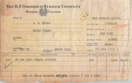 BF Goorich Rubber Company San Antonio TX Texas receipt 1927 Tube Repair ... - $39.12
