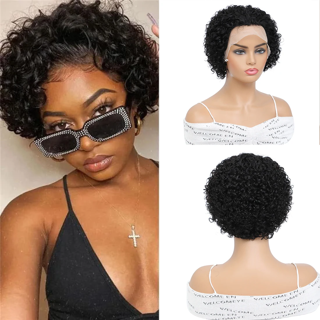 SSH 13x1 Human Hair Lace Front Wigs Short Curly Pixie Cut Bob Wig with Baby Ha - £47.55 GBP