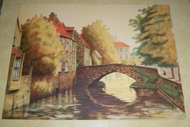 Vtg Delevan Gp Litho Print Old Stone Bridge Water Canal Prague Amsterdam Wales - £21.85 GBP
