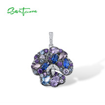Authentic 925 Sterling Silver Pendant For Women Sparkling Multi Gems Blue Orchid - £42.09 GBP
