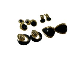 Vintage Lot 4 Gold Tone Black Enamel Pierced Earrings No Backs - £11.76 GBP