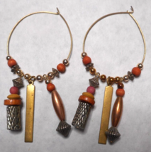 Hoop Earrings Wooden Beads Gold-tone Metal Beads Cylinders Long Bars 3 1/2&quot; - £8.90 GBP