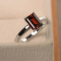 1.90Ct Emerald Cut Simulated Red Garnet Engagement Ring 925 Silver Gold Plated - £68.24 GBP