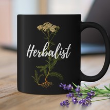Herbalist Coffee Mug | Yarrow Botanical Print Black Ceramic Cup | Holiday Gift F - £19.65 GBP