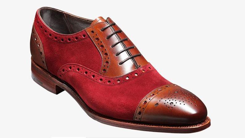Men Two Tone Red Brown Oxford Brogue Cap Toe Suede Genuine Leather Laceup Shoes
