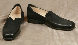 Talbots Women&#39;s 7.5 M Loafers Shoes Black Leather &amp; Fabric Slip On Suare Toe - £15.45 GBP