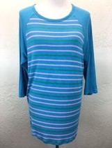 S15 LuLaRoe Sz L Blue Pink Green Stripe 3/4 Sleeve Raglan Knit Top T Shirt - £5.34 GBP
