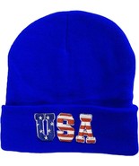 USA Patriotic Plush Lined Knit Winter Beanie Hat with Flag on Back (Royal) - $24.55 CAD