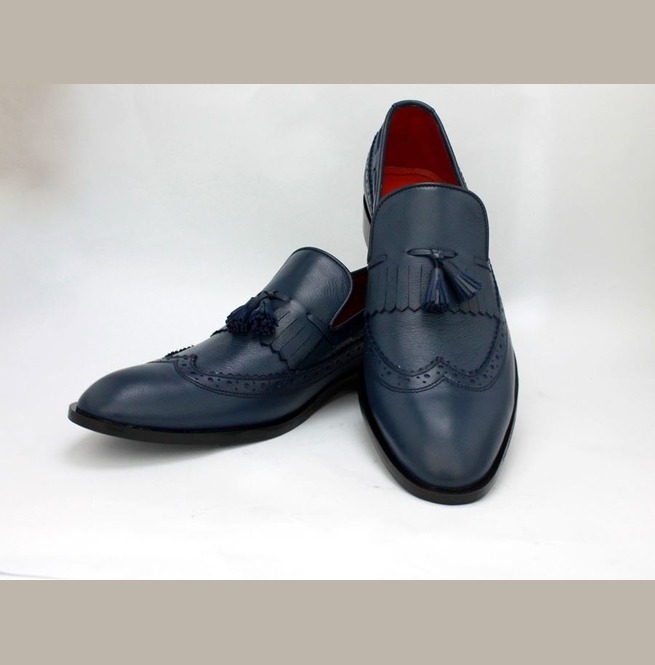 NEW Handmade Mens Navy Blue Tussles Fringe Shoes, Men Leather Wing Tip Fashion S