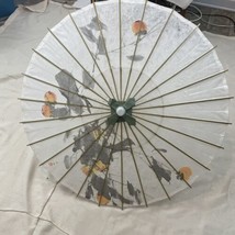 Handmade Vintage Japanese 32&quot; Floral Painted Geisha Bamboo Paper Umbrella - £78.95 GBP