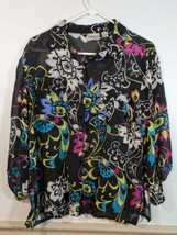 Chico’s Floral Sheer Silk Blend Long Sleeve Button Up Blouse Black Sz 2- LG - £11.80 GBP