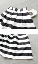 Women White Black Strip Pleated Midi Skirt A-line High Waist Pleated Plaid Skirt image 5
