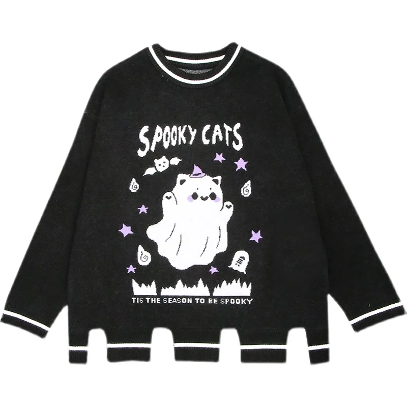 Autumn Winter Mori Girl Graphic  Preppy Style Cute Women Spooky Cat Black Splici - £192.34 GBP