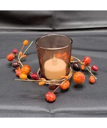 Glass Votive Candle Holder Autumn Fall Pumpkin Leaves with Flameless Tea... - $9.69