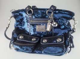 Coach Poppy Blue Sequin Spotlight Purse w/ Disco Ball Bag Charm XL - £388.35 GBP