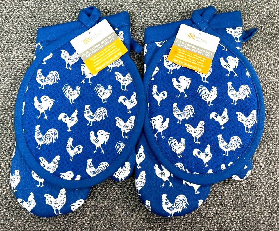 MU Kitchen Oven Mitt 2 Pair 4 Potholders Rooster Farmhouse Cotton Terry ... - $20.97