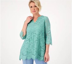 Isaac Mizrahi Live! Lace Split-Neck Tunic w/ 3/4 Sleeves (Green, XSP) A470107 - £16.52 GBP