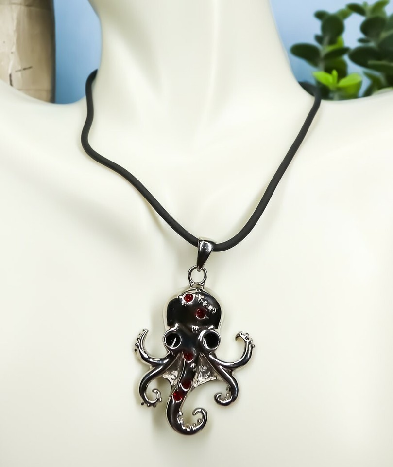 Ebros Red Rhinestone Steampunk Kraken Stainless Steel Necklace Pendant J... - $25.99