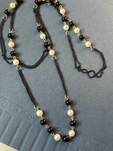 Long Doublestrand Jappaned Chain w Black &amp; White Plastic Beads Necklace ... - £9.02 GBP