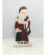 Santa Wooden Carved wood primitive folk art on base w/ tree staff drum - $14.84