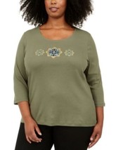 MSRP $40 Karen Scott Plus Size Cotton Sequined Graphic Top Green Size 0X - £11.69 GBP