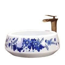 Handmade Blue Flower Branch Ceramic Bathroom Basin, Artistic White Porce... - $559.38 CAD