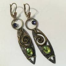 Mixed Metal Abstract Earrings Peridot Iolite Gemstones Pierced Handmade Unique - £145.50 GBP