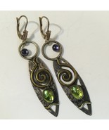 Mixed Metal Abstract Earrings Peridot Iolite Gemstones Pierced Handmade ... - $195.00