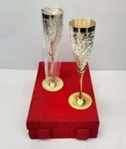 2 Brass Silver Plated Engraved Goblet Flute Wine Champagne Glasses w/ Bo... - $49.99