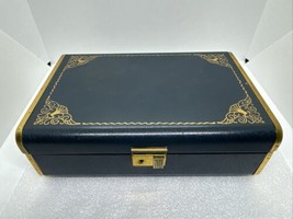 Vintage 1960’s FARRINGTON Blue Gold Trim Jewelry Box Purple Velvet Lining No Key - £18.35 GBP