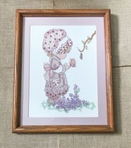 Vintage Framed Finished Precious Moments Cross Stitch Bonnet Girl w Butt... - $29.70