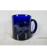 Vintage Cobalt Blue Heavy Glass Mug 12 oz Coffee Cup Made in USA Etched ... - $9.05
