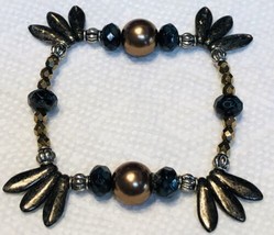 Hand Crafted Bracelet Brown Gold Black Glass Beads Stretch #24 - £4.63 GBP