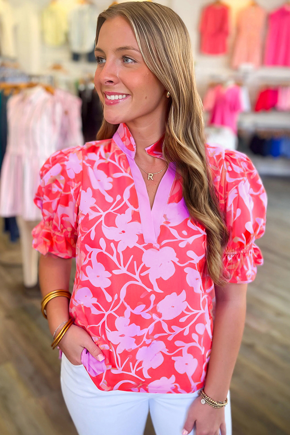 Red Floral Split V Neck Ruffle Puff Sleeve Blouse - $16.37