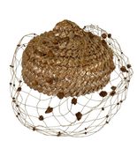 Vintage 1950s Debbie Raffia Hat with Pom-Pom Veil Net Honey Brown Pillbo... - $49.99