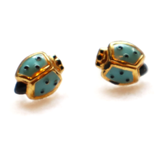 Vintage 1940s Beetle Bug Earrings Screw Clip On Blue Enamel Lady Bug Gol... - $29.69