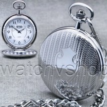 Pocket Watch Silver Color Slim 47 MM for Men Arabic Numbers dial Fob Chain P76 - £18.37 GBP