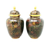 Cloisonne Enameled Ginger Jars Finial Lids Dark Red Green 2 pcs 5.5&quot; Tall - £65.39 GBP