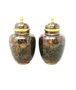 Cloisonne Enameled Ginger Jars Finial Lids Dark Red Green 2 pcs 5.5&quot; Tall - £65.01 GBP