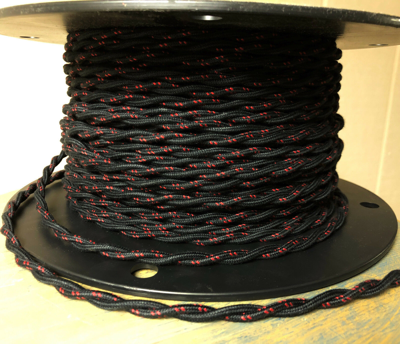 Primary image for Cloth Covered Twisted Wire - Black w/ Red Tracer, Vintage Style Fabric Lamp Cord