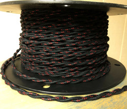 Cloth Covered Twisted Wire - Black w/ Red Tracer, Vintage Style Fabric Lamp Cord - £1.11 GBP