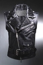 Mens Studded Leather VEST Black Studs Brando Biker Zipper Pocket Winter Summer - £158.48 GBP