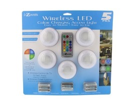 I-Zoom Wireless LED Color Changing Push Lights with Remote Control, 5 Pack - Ide - £19.74 GBP