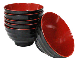Set Of 6 Red And Black Round Ridged Body Soup Salad Rice Melamine Bowls ... - $57.48 CAD